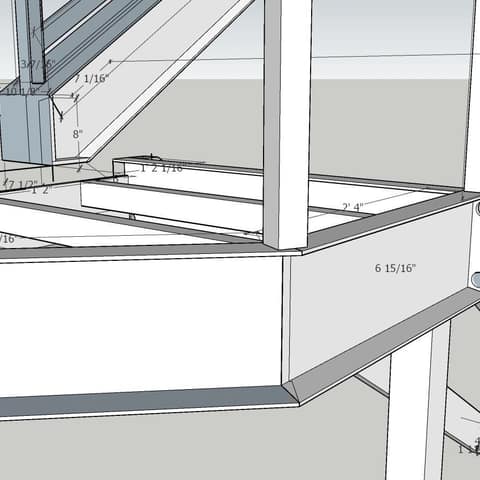 3D design model of a steel stair frame showing beam connections, bolt holes and dimensions, shown in white and gray