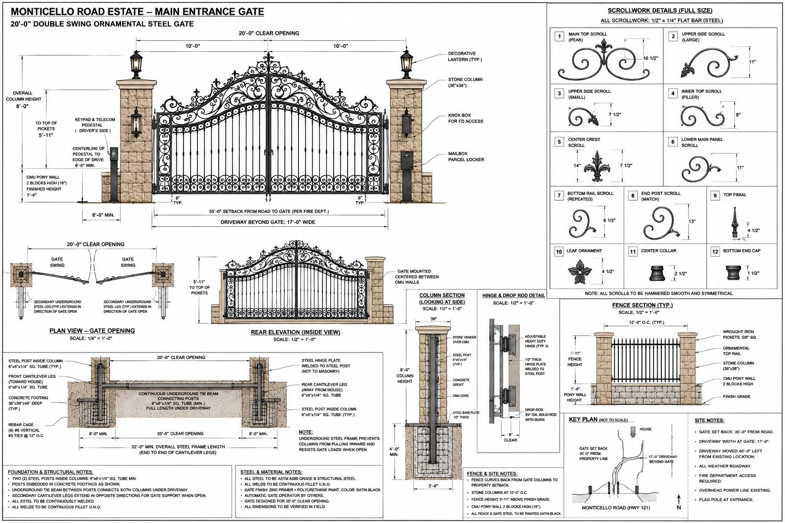 Duran shop drawing of a double-swing ornamental iron entrance gate with elevations, sections, hinge detail and full-size scroll details